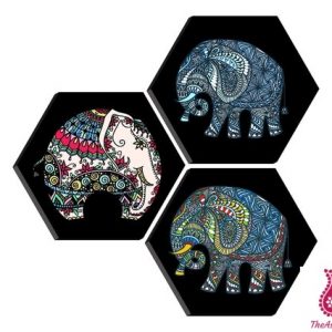 Set of 3 Hexagon elephant MDF Board UV Textured Painting