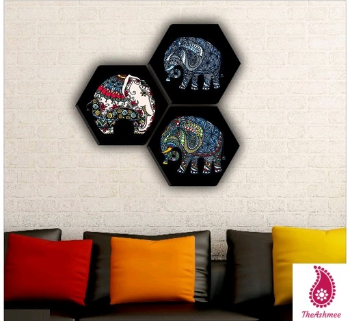Set of 3 Hexagon elephant MDF Board UV Textured Painting