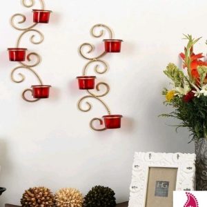 Metallic Gold Wall Sconce with Red and Clear Glasses